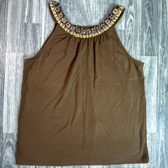 Talbots Brown Sleeveless Top M Beaded Embellished Scoop Neck Boho Chic Blouse - Picture 1 of 6